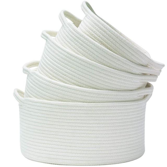 Storage Baskets Set of 5- Woven Basket Cotton Rope Bin, Small White Basket Organizer for Baby Nursery Laundry Kid's Toy Neutral Color