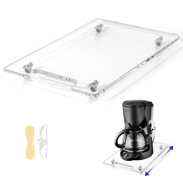 Baemin Acrylic Appliance Slider with Rubber Wheels, Sliding Tray for Heavy Kitchen Appliances, Coffee Maker Slider Tray for Counter, Countertop Moving Tray Accessories for Kitchen - 9.8" x 14" (Clear)