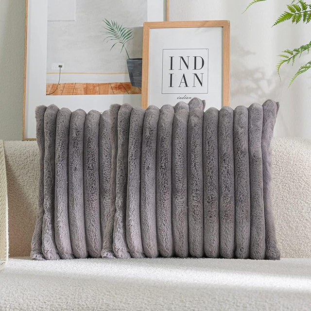 DEELAND Pack of 2 Faux Fur Plush Decorative Throw Pillow Covers Fuzzy Striped Soft Pillowcase Cushion Covers for Sofa Couch Bedroom 18x18 inch