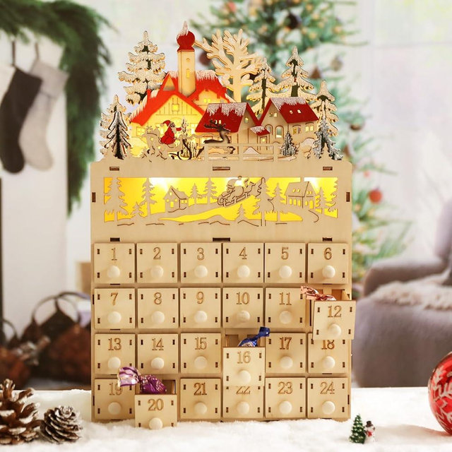 Risenor Christmas Wooden Advent Calendar with Drawers, Countdown to Christmas Refillable Wood Advent Calendar with Lighted LED Village Xmas Holiday Home Decorations