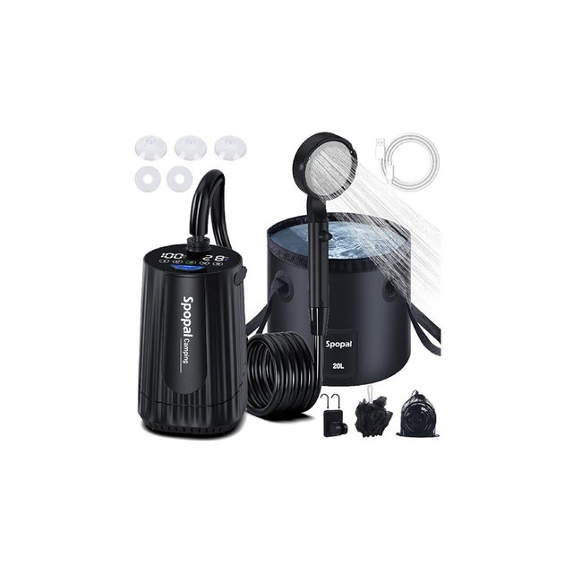 Portable Camping Shower, [10000mAh Rechargeable], 5-Speed with Collapsible Bucket with Handle 20L, IPX8 Waterproof, LED Display Camp Shower Pump, Perfect for Hiking, Travel, Cars & Pets