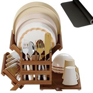 Greenual Teak Dish Drying Rack with Utensil Holder, 3 Tier Collapsible Dish Rack, Wooden Dish Racks for Kitchen Counter, Large Folding Drying Holder with Absorbent Dish Drying Mat