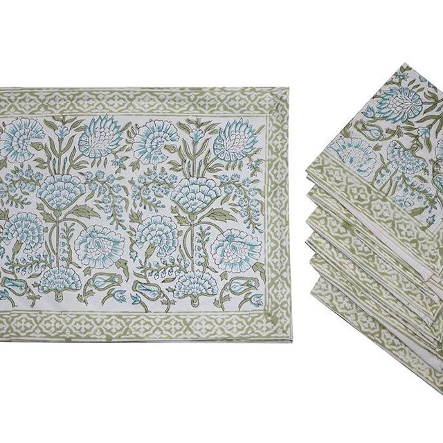 RADHIKA IMPEX Dining Table Placemats with Napkin Sets Indian Cotton Hand Block Printed Washable Table mats for Food Serving Set of 6 (Light Green)