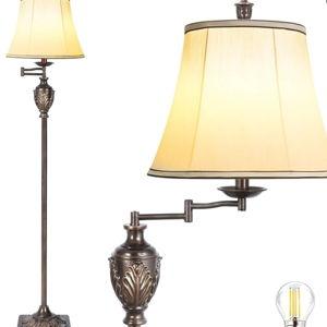 Traditional LED Floor Lamp with 350° Adjustable Swing Arm Lamp – Vintage Standing Pole lamp for Living Room, Bedroom and Office – Rustic Upright Floor Light for Home Décor with Faux Silk Fabric Shade