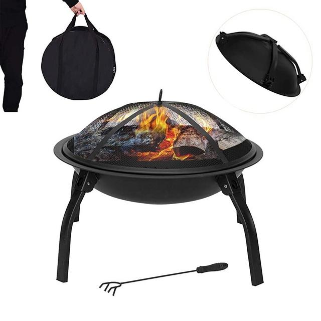 Outdoor Fire Pit 23" Foldable Patio Steel Fire Bowl Fireplace with Mesh Spark Screen Cover Poker Wood Burning BBQ Grill Bonfire for Beach Yard Camping Picnic Pool Party Winter Heater (23IN, Foldable)