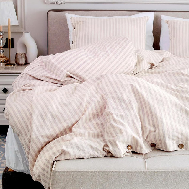Lavien Home, 100% Natural Cotton Duvet Cover Set Twin Size, Dusty Lavender-Tinted Striped Pre-Washed 2-Piece Linen Like Bedding (Helena, Twin 68”x90”)