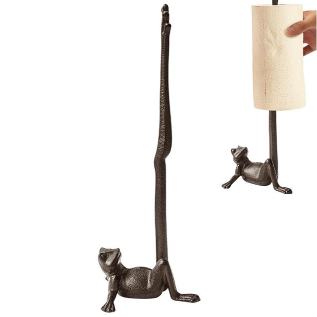 Mozhixue Frog Paper Towel Holder 16.5'' Cast Iron Paper Towel Holder Funny Toilet Paper Holder for The Floor or Counter in The Kitchen or Bathroom Bronze Rustic,Frog