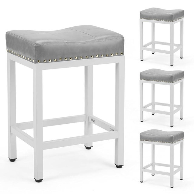 Sweetcrispy Bar Stools Set of 4, 24 Inch Counter Height Stools, PU Leather Upholstered Bar Chairs with Footrest, Modern Bar Stools for Kitchen Island, Dining, Living Room, Grey