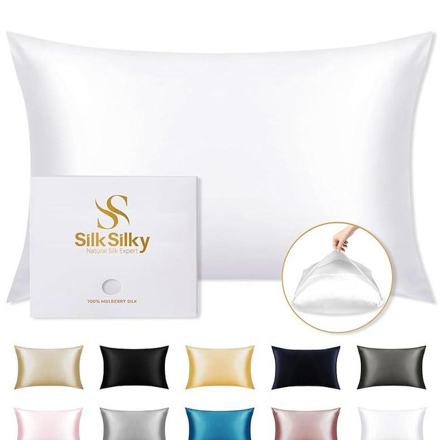 SilkSilky 100% Mulberry Silk Pillowcase - Pure 22 Momme High-Grade 6A Fibers for Hair & Skin, Envelope Closure, Natural, Organic, Breathable & Cooling Pillow Case (Standard, White)