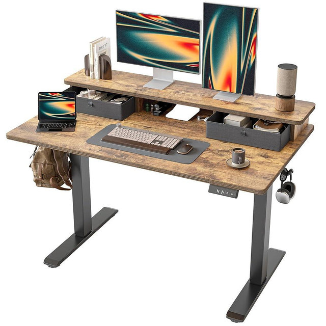 TIQLAB Standing Desk with Two Drawers, Stand Up Standing Desk Adjustable Height, Electric Sit Stand Table with Storage Shelf and Splice Board, 48 * 24 inch, Rustic Brown