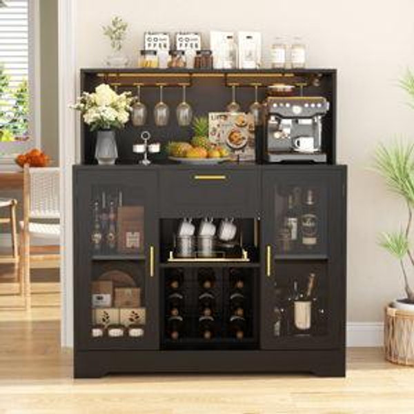 Bar Cabinet With LED Light And Wine Rack, Coffee Bar Cabinets With Drawer And Glass Holder, Sideboard Table With Storage Shelves - Black
