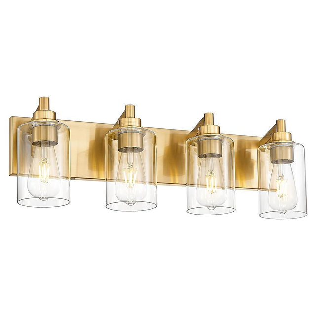 METWET 4-Light Bathroom Light Fixtures, Brushed Gold Vanity Light with Cylinder Clear Glass Shade, Modern Vanity Lighting Fixtures Over Mirror, VL143-BG-4