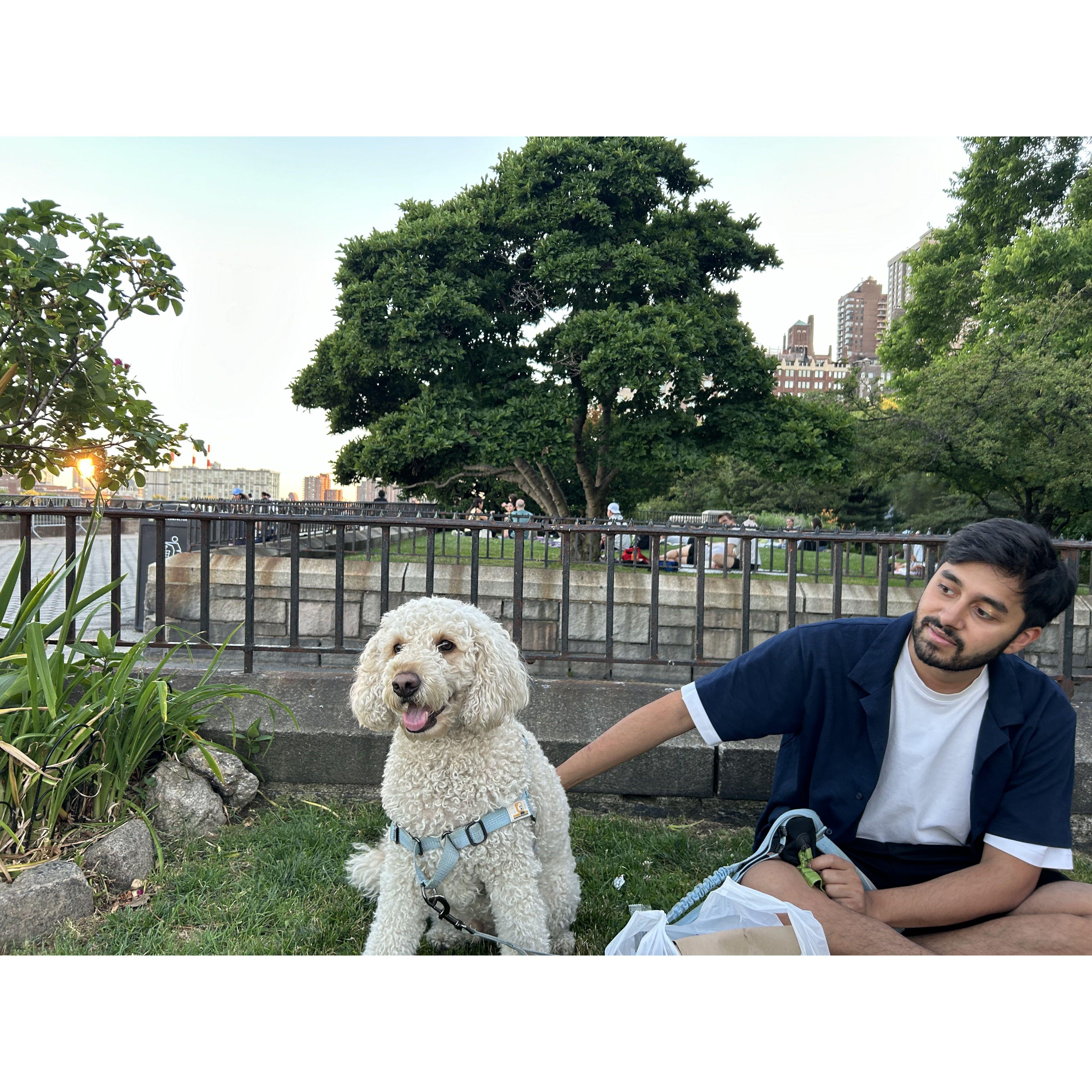 Cooper and Vedant at Carl Shurz Park (July 2024)