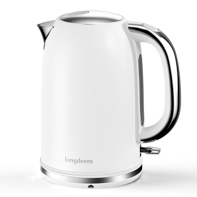 Fast Boiling Longdeem Electric Kettle, 1.7L Stainless Steel Coffee & Tea Water Boiler, 1500 Watts, Auto-Shut & Boil-Dry Safety, Cordless Serving with LED, White