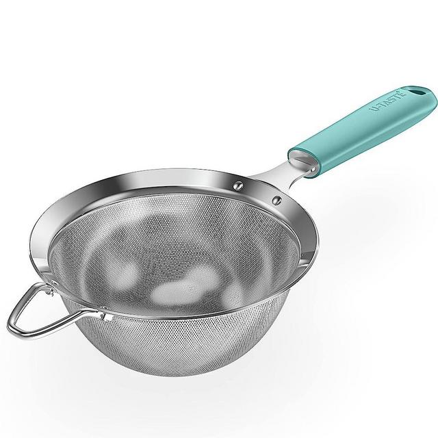 18/8 Stainless Steel Mesh Strainer: U-Taste 5.5 Inch Kitchen Fine Mesh Sieve Food Colander with Riveted Sturdy Silicone Handle and 30 Mesh Hole for Straining Flour, Pasta, Fruit, Quinoa (Aqua Sky)