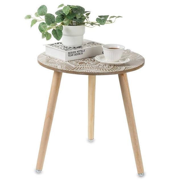 Hanobe Small Round Side Table: Boho End Tables for Living Room Bohemian Accent Bedside Table Brown Bedroom Nightstand Farmhouse Home Decor Decorative with 3 Wood Legs, Easy Assembly
