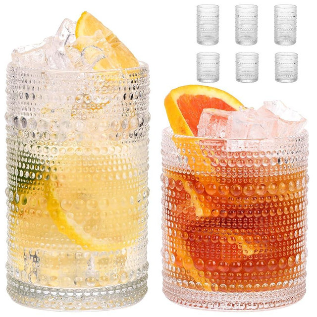 Moretoes Kitchen Hobnail Drinking Glasses Set of 6, 12 Oz Highball Glasses & 10 Oz Cocktail Glasses, Clear Embossed Boho Glass Cups Kitchen Bar Tumbler Glassware Set for Whiskey, Beer, Juice, Milk