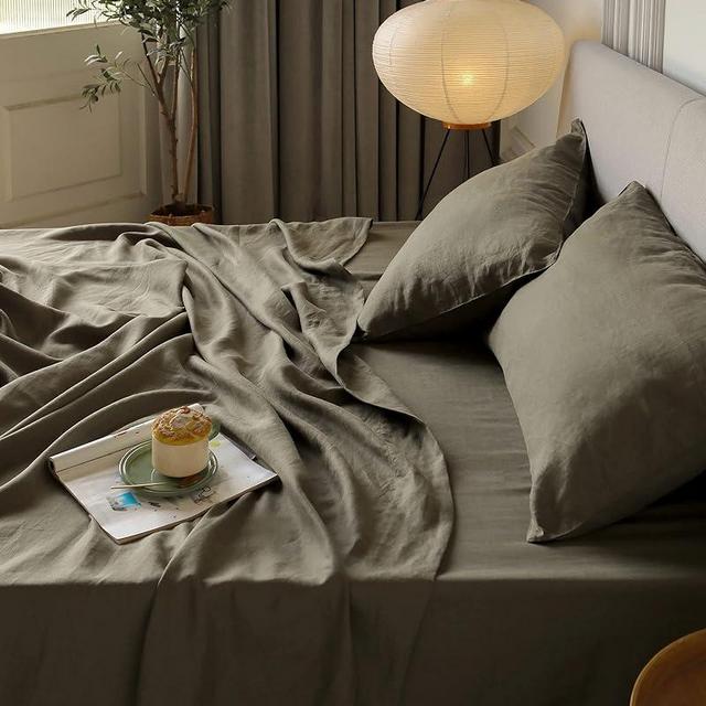 XZ XIFA Olive Green Linen Sheets King Size Set, 100% Washed French Flax Organic Linen Sheets, Breathable and Cooling Sheets for Hot Sleepers Bed Sheets(1 Flat Sheet, 1 Fitted Sheet, 2 Pillowcases)