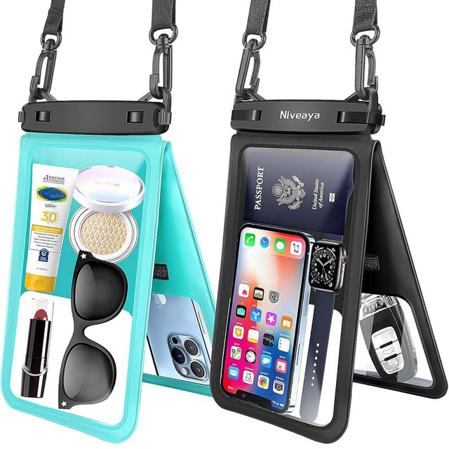 Niveaya [Up to 10.5" Waterproof Phone Pouch - 2 Pack, Waterproof Phone Lanyard Case with iPhone 15/14/13/12 Pro Max up to 8.3", Phone Dry Bags for Vacation Beach Pool Kayak Cruise Travel Essentials