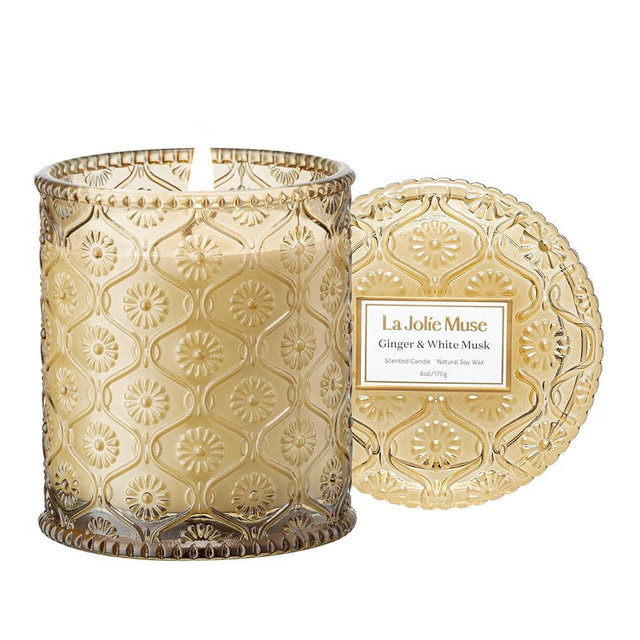 LA JOLIE MUSE Ginger & White Musk Scented Candles, Winter Candles for Home Scented, Luxury Candles Gifts for Women, Holiday Ginger Candle, Natural Soy Wax Candle, 6 oz 40 Hours Burn