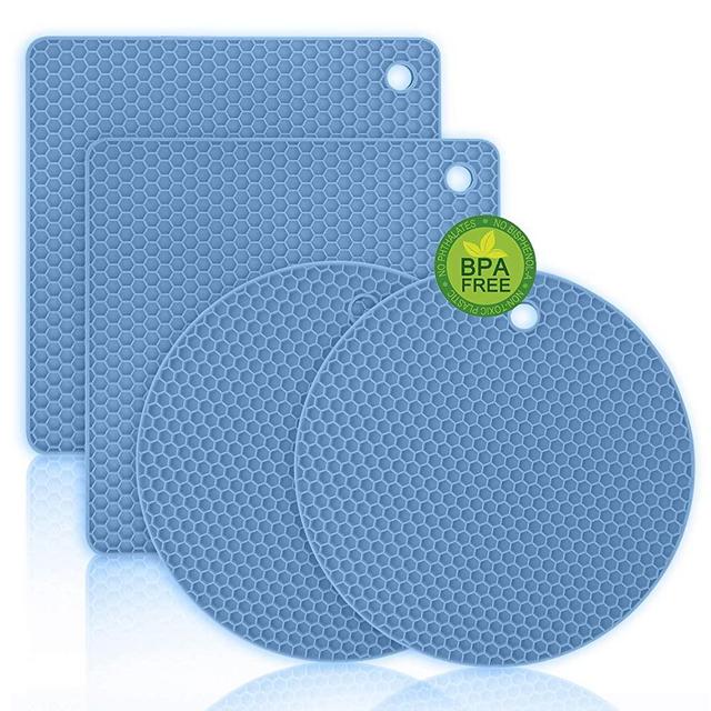 Walfos Silicone Trivet Mats - 4 Heat Resistant Pot Holders, Multipurpose Non-Slip Hot Pads for Kitchen Potholders, Hot Dishers, Jar Opener, Spoon Holder, Food Grade Silicone & BPA Free (Nordic Blue)