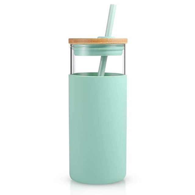 tronco 20oz Glass Tumbler Glass Water Bottle Straw Silicone Protective Sleeve Bamboo Lid - BPA Free (Midnight Green)