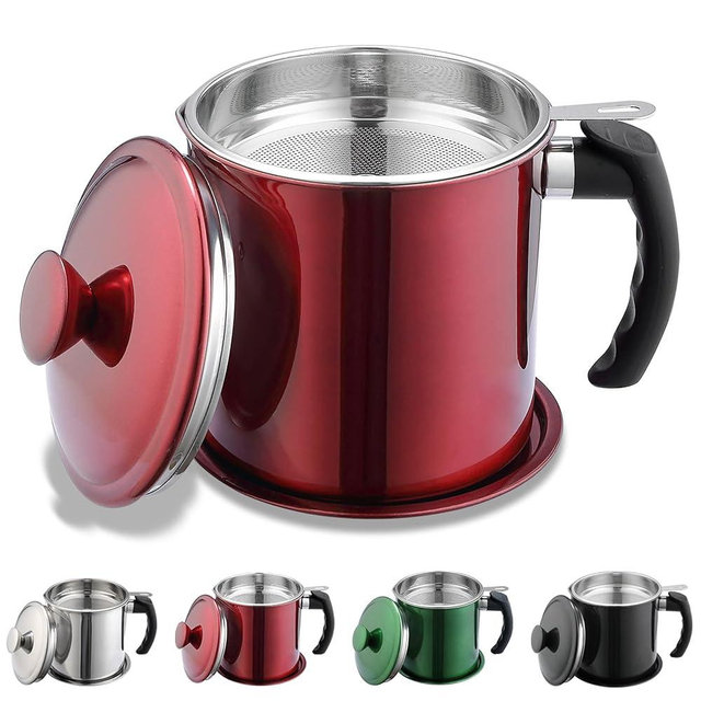 Kyraton Bacon Grease Container With Strainer, 48 oz Metal Shining Red Stainless Steel Oil Container, Pot Fat Storage With Lid, Easy Grip Handle Suitable For Storing Frying Oil And Cooking Grease