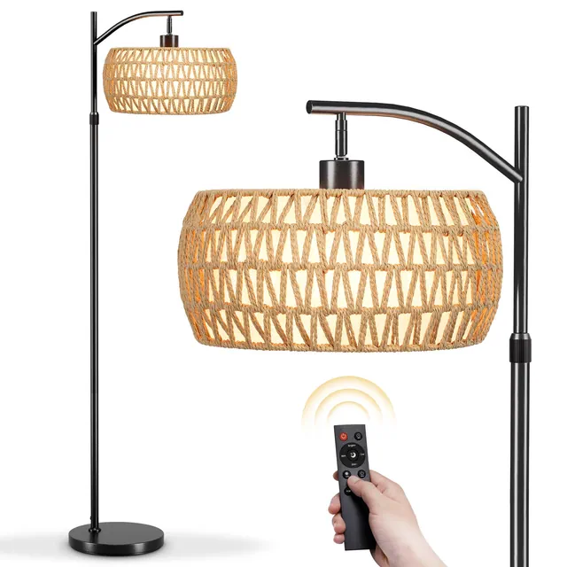 Floor Lamp with Remote Control Dimmable 3000K-6000K Adjustable Height Rattan Fabric Shade 3-in-1