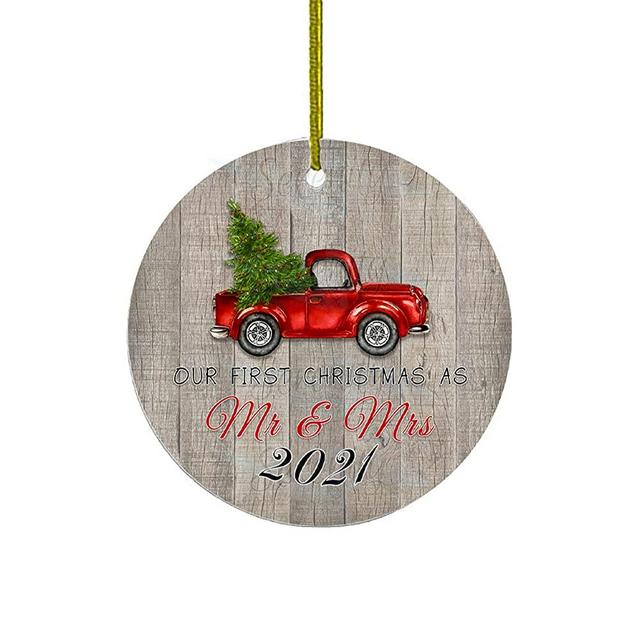 First Christmas Ornaments | Rustic Ornament With Red Truck And Green Tree 2021 First XMAS Ornament | Cute Gift Wedding Presents For Newlywed | Ceramic Holiday Decor