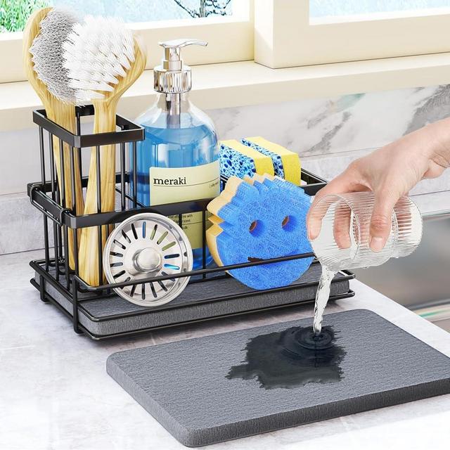 HapiRm Sink Caddy Sponge Holder - Kitchen Sink Organizer with Instant Drying Stone and Brush Holder, Stainless Steel Sponge Caddy for Kitchen Countertop - Black