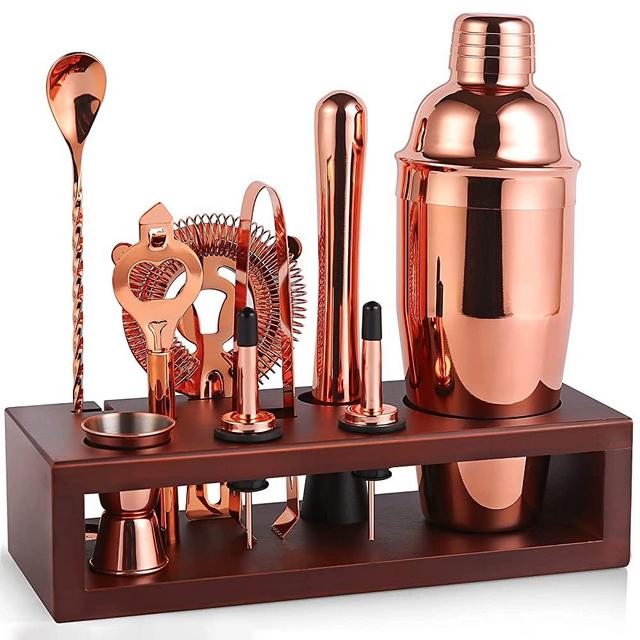 Bartender Kit Bar Set, Cocktail Shaker Set with Stand 10 Pcs, Martini Shaker Set Stainless Steel 18-8 with All Bar Accessories for Home Bars Traveling and Parties (Copper)