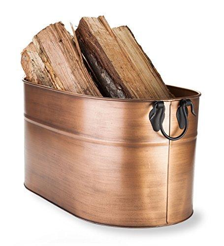 Plow & Hearth Galvanized Steel Firewood Bucket with Wrought Iron Handles 21.75 L x 12.75 W x 11.5 H inches, Antique Copper