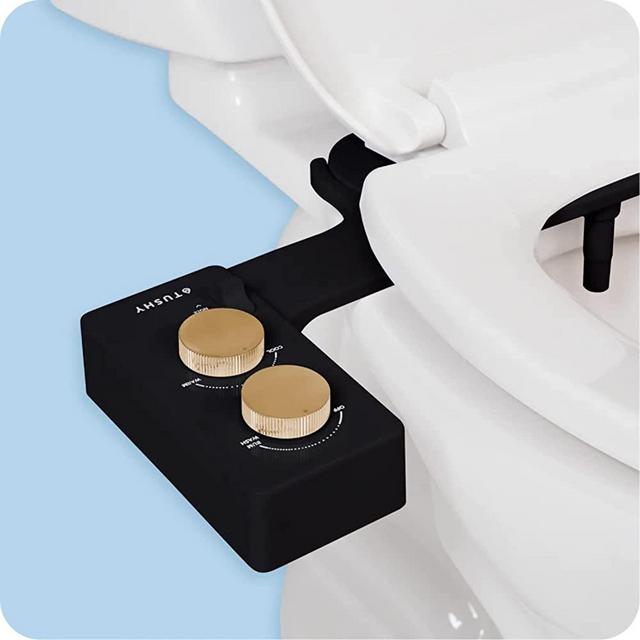 Tushy 3.0 Warm Water Spa Bidet Attachment | Self Cleaning Fresh Water Sprayer +Adjustable Pressure Nozzle, Angle Control, (Adjustable Cool to Warm Water Temperature Option), (Noir/Gold)