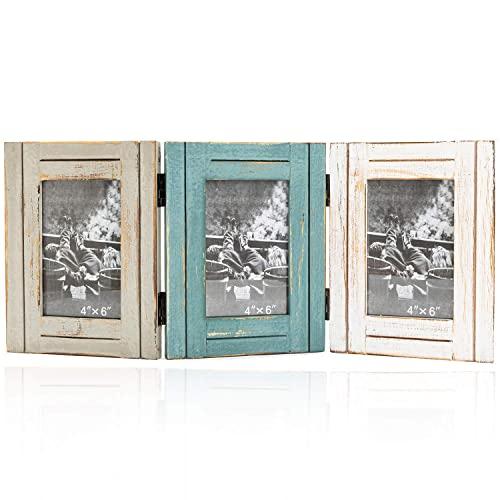 Rustic Picture Frame 3 Folding 4x6 Vertical Openings, Hinged Triple Photo Frame with High Definition Glass
