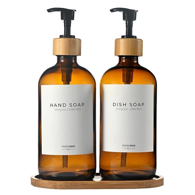 MaisoNovo Amber Glass Soap Dispenser with Pump and Bamboo Tray - Kitchen Soap Dispenser Set - Hand Soap Dispenser for Bathroom, Dish and Hand Soap Dispenser Set, Soap and Lotion Dispenser Set of 2