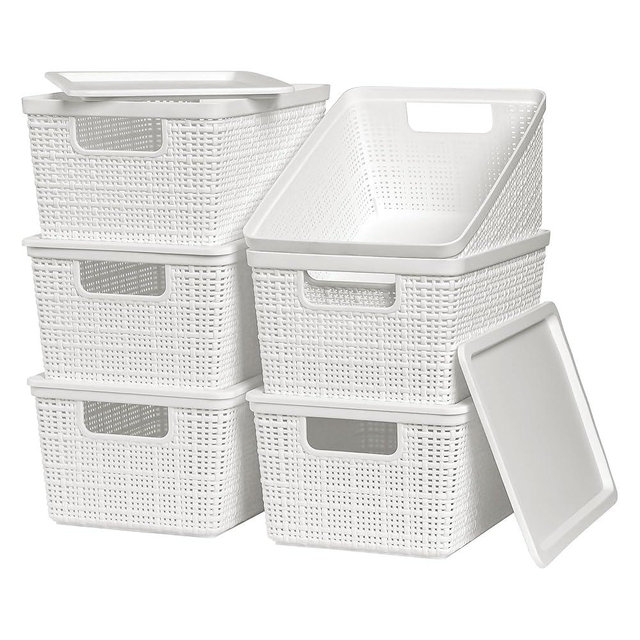 Wrrlors 6 Pack Plastic Storage Baskets With Lids,White Breathable Stackable Storage Bins,Small Storage Containers,for Organizing Storage Baskets on Desktops,Closets,Playrooms,Classrooms,Offices