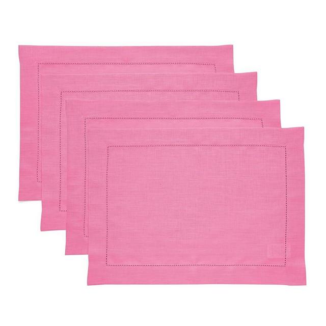 Solino Home Linen Placemats Flamingo Pink – 100% Pure Linen Classic Hemstitch Placemats 14 x 19 Inch – Machine Washable Placemats Set of 4 – Handcrafted from European Flax