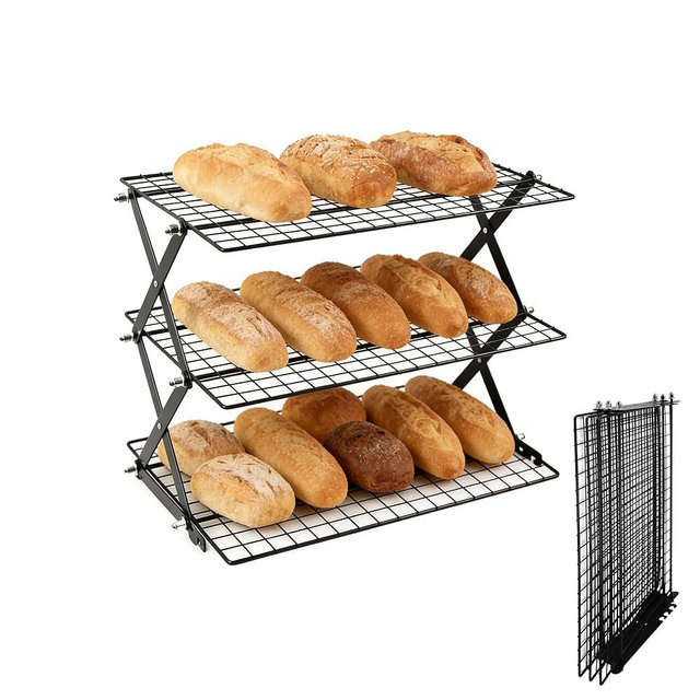 3 Tier Collapsible Cooling Rack with Adjustable 6 Setting Design stackable wire rack for baking sheet for Cookies Baking Gifts for Women (Black, 3-Tier)