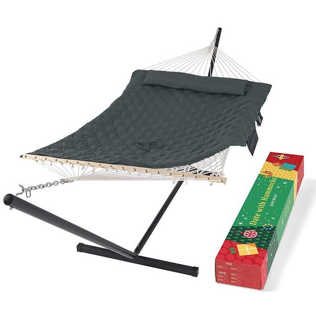 SUNCREAT Patio Portable Hammock with Stand, Gift Box, Outdoor Double Hammock with Stand Included, Gray Green Drops