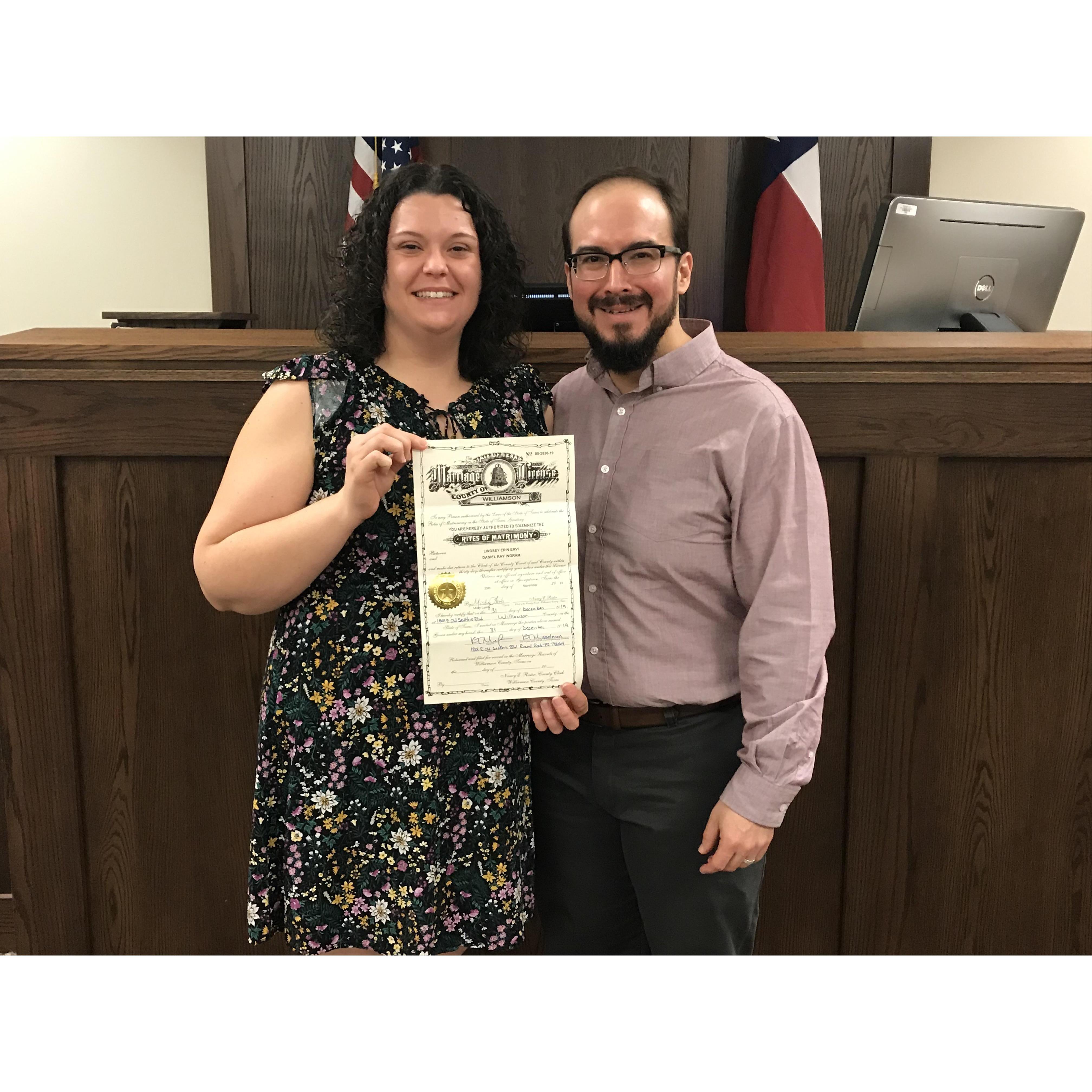 With our completed marriage license!