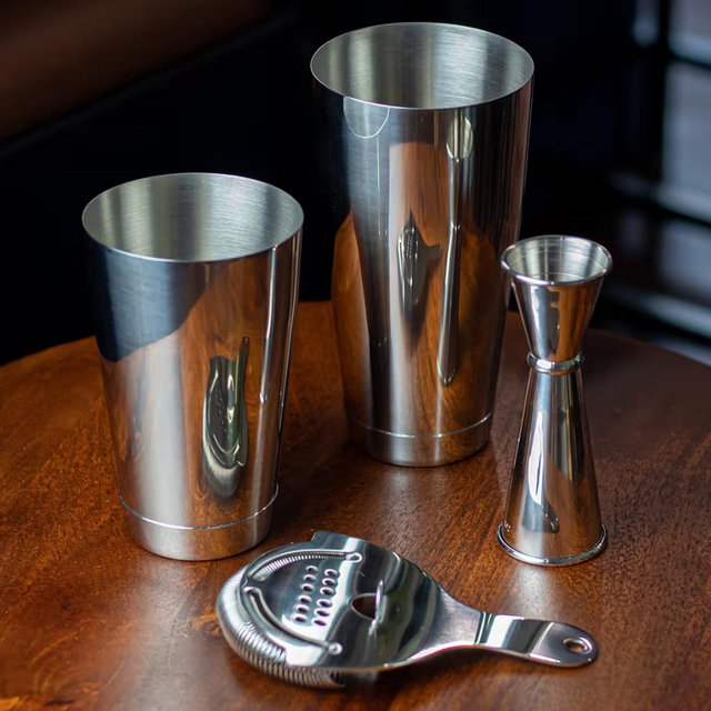 Professional Cocktail Shaker Set Bartending Kit: Weighted Boston Shaker Tins, Hawthorne Strainer and Japanese Jigger