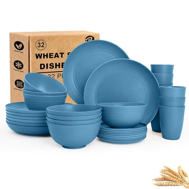 BUSOKIP Dinnerware Sets for 8, Wheat Straw Bowls and Plates Set, Microwave and Dishwasher Safe Dish Sets 32 PCS, Unbreakable & Lightweight Camping Plates Cups and Bowls Set for Kitchen - Blue