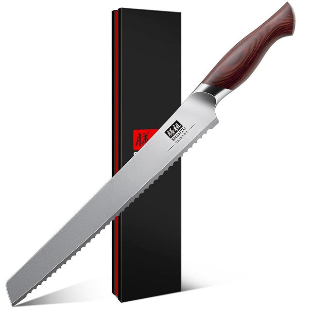 SHAN ZU 10 Inch Bread Knife, Razor Sharp Sourdough Slicing Knife, Japanese High Carbon 10Cr15Mov Stainless Steel Cake Knife, Multifunction Serrated knife for Homemade Bread