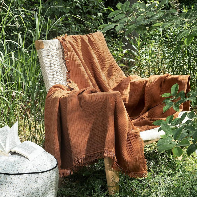 MooMee Muslin Blanket - 100% Cotton 4-Layer Gauze Throw Blanket with All-Around Fringe, Ultra-Soft Breathable Lightweight Cooling Decorative for Bed, Sofa & Couch (Drak Orange,Throw XL 50" x 70")