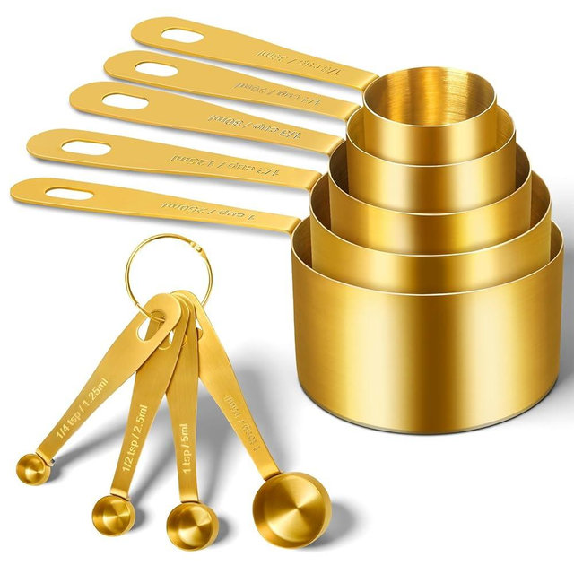 Foyucool Gold Measuring Cups and Spoons, Set of 9, Including 4 Measuring Spoons, 5 Measuring Cups, Stainless Steel Kitchen Gadgets for Liquid & Dry Ingredients