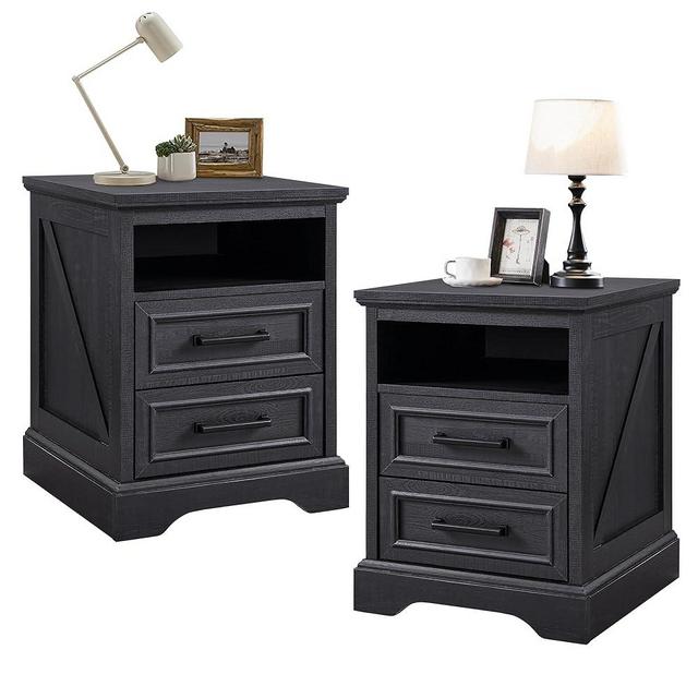 ACCOHOHO 18" Farmhouse Nightstand Set of 2 with Charging Station,End Table with 2 Drawers Storage,Side Table,Bedside Cabinet for Bedroom,Living Room, Black