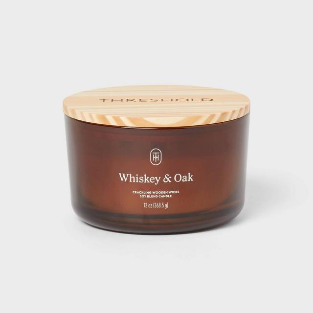 3-Wick Amber Glass Wooden Wick Whiskey and Oak Jar Candle 13oz - Threshold™