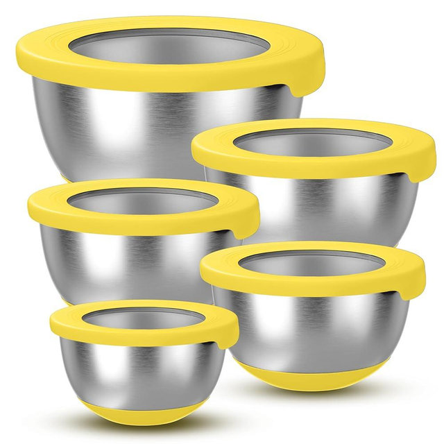 KITEISCAT Stainless Steel Mixing Bowls with Lids – Set of 5 Large Nesting Metal Bowls for Kitchen, Baking, Cooking, Food Prep & Storage, Non-Slip Base, Dishwasher Safe,Yellow