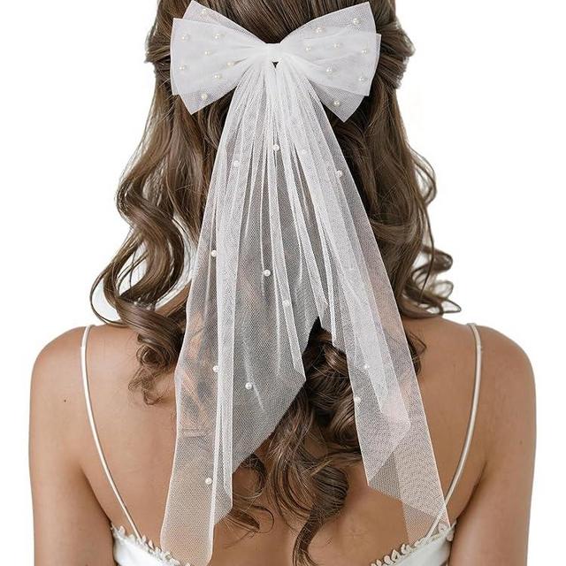 SWEETV Bridal Hair Bow Veil White Bow Clip Bachelorette Party Decorations Pearl Accessories Bride to Be Bridal Shower Gift
