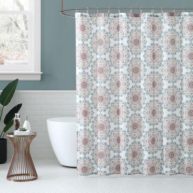 Peach & Oak Tribal Medallion Shower Curtain in Coral